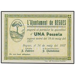 Lote 4 billetes 0,25, 0,50 y 1 Pesseta. 24 Maig 1937. Aj. de BEGUES. AT-342, 343b, 344c, 345c; T-410