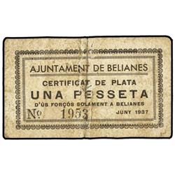 1 Pesseta. Juny 1937. Aj. de BELIANES. (Pliegue central reparado). RARO. AT-415; T-347. BC+. P