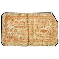 50 Cèntims. Juny 1937. Aj. de BELIANES. (Roturas. Esquinas rotas). RARO. AT-350. BC. PAPER MON