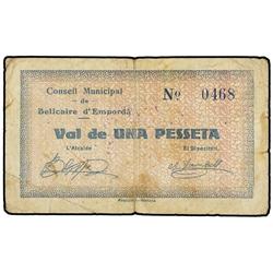 1 Pesseta. Maig 1937. C.M. de BELLCAIRE D´EMPORDÀ. (Roturas). MUY ESCASO. AT-361; T-431. MBC-. <br /
