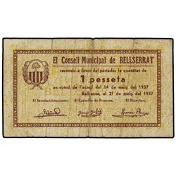 Serie 2 billetes 50 Cèntims y 1 Pesseta. 21 Maig 1937. C.M. de BELLSERRAT. (Pequeñas roturas). AT-38