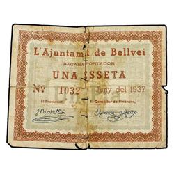 1 Pesseta. Juny 1937. Aj. de BELLVEI. (Reparado. Cosido con hilo. Restos de cola). ESCASO. AT-387; T