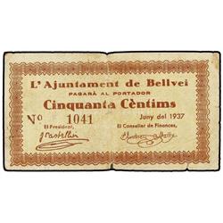 50 Cèntims. Juny 1937. Aj. de BELLVEI. (Peqeuñas roturas. Pliegue central reparado con cinta adhesiv