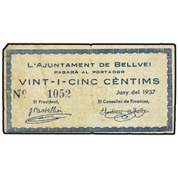 25 Cèntims. Juny 1937. Aj. de BELLVEI. (Sucio). ESCASO. AT-390; T-463. MBC. PAPER MONEY OF THE