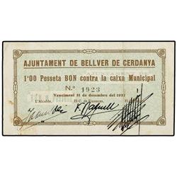 1 Pesseta. 1 Maig 1937. Aj. de BELLVER DE CERDANYA. (Algo sucio). ESCASO. AT-393; T-466. MBC+. <br /