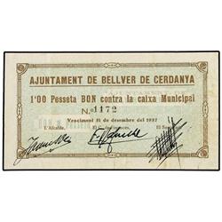 1 Pesseta. 1 Maig 1937. Aj. de BELLVER DE CERDANYA. (Algo sucio). AT-393; T-466. MBC+. PAPER M