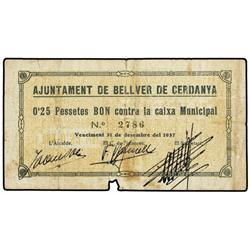 0,25 Pessetes. 1 Maig 1937. Aj. de BELLVER DE CERDANYA. (Pequeñas roturas). ESCASO. AT-394; T-467. M