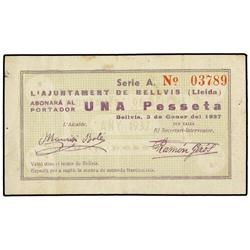 1 Pesseta. 3 Gener 1937. Aj. de BELLVIS. MUY ESCASO. AT-398; T-471. MBC. PAPER MONEY OF THE CI