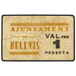 1 Pesseta. S/F. Aj. de BELLVIS. Cartón. (Sucio). MUY ESCASO. AT-402; T-475. MBC. PAPER MONEY O