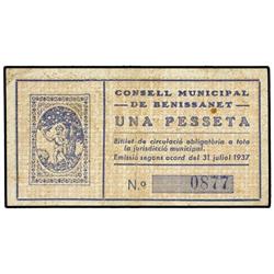 1 Pesseta. 31 Juliol 1937. C.M. de BENISSANET. (Restos de cinta adhesiva). MUY ESCASO. AT-419; T-495
