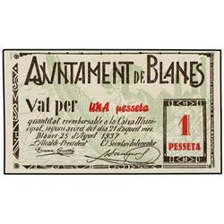 Lote 4 billetes 25, 50 Cèntims (2) y 1 Pesseta. 25 Agost 1937. Aj. de BLANES. AT-465, 465a, 466, 470