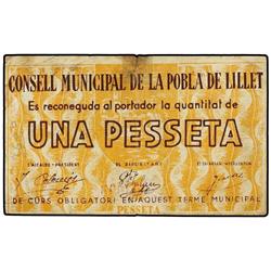 Lote 4 billetes 25, 50 Cèntims (2) y 1 Pesseta. S/F. C.M. de la POBLA DE LILLET. AT-1901, 1903, 1904