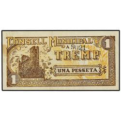 Lote 4 billetes 20, 50 Cèntims y 1 Pesseta (2). S/F. C.M. de TREMP. AT-2603, 2605, 2606, 2608; T-302