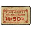 Image 1 : 50 Cèntims. S/F. Aj. de VALLBONA D´ANOIA. Cartón. AT-2640; T-3059. MBC. PAPER MONEY OF THE CIV