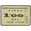 Image 1 : 1 Peseta. S/F. COMITÉ LOCAL REVOLUCIONARIO U.H.P. AÍNSA (Huesca). Cartulina. Mont-No cat. MBC. <br /