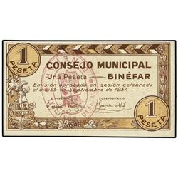 Serie 5 billetes 5, 10, 25, 50 Céntimos y 1 Peseta. 25 Septiembre 1937. C.M. de BINÉFAR (Huesca). Mo