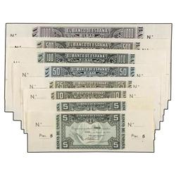 Seire 8 billetes 5 (2, Sin Serie y Serie A), 10, 25, 50, 100, 500 y 1.000 Pesetas. 1 Enero 1937. BAN