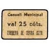 Image 1 : 25 Cèntims. S/F. C.M. de CORBERA DE TERRA ALTA. Cartón. RARO. AT-883; T-1020. MBC.
