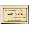 Image 1 : 5 Céntimos. S/F. MUNICIPIO DE ULEA (Murcia). (Parte de impresión de otro billete en reverso). RARO.