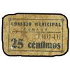 Image 1 : 25 Céntimos. S/F. C.M. de CARLET (Valencia). Cartón. (Dos perforaciones de grapa. Sucio). MUY ESCASO