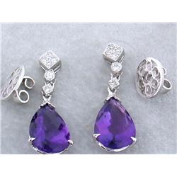 18k Gold Dangling Earrings with Amethyst and Diamonds