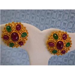 18k Yellow Gold Earrings with Ruby and Emerald