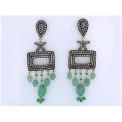 18k Gold and Silver Earrings with Emerald and Diamonds