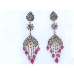18k Gold and Silver Earrings with Diamonds and Tourmaline