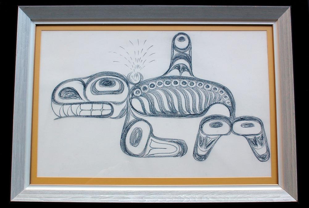 Bill Reid Original Charcoal Drawing of a Killer Whale Early 1960's