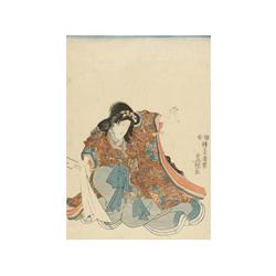 1838., GRABADO: (GRABADO JAPONÉS-UKIYO-E),. KAWAMURA., NOBLE SENTADO., Xilografía a color de 35 x 23