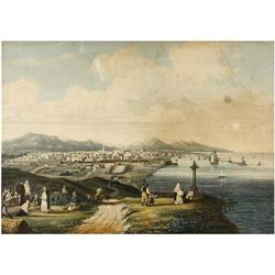 1842-1843., GRABADO: GARNERAY, A.L.; HYMETY; BASSET, P.A., VUE DE BARCELONNE., Litografía en color,