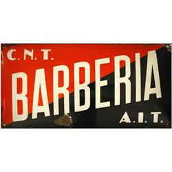 CARTEL: (GUERRA CIVIL-),. PLACA EN PORCELANA ANUNCIANDO UNA BARBERIA. CNT-AIT., Placa, 20 x 40 cm. P