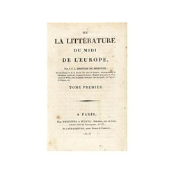 1813., LIBRO: (LITERATURA),. SIMONDE DE SISMONDI, J.C.L.:, DE LA LITTERATURE DU MIDI DE L´EUROPE., P