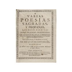 1732., LIBRO: (LITERATURA CATALANA),. SOLIS Y RIBADENEYRA, ANTONIO DE:, VARIAS POESIAS SAGRADAS, Y P