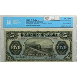 1912 Five Dollars, DC-21d, CCCS AU-50, Hyndman Boville, Seal Over FIVE, Letter B, serial B590303.