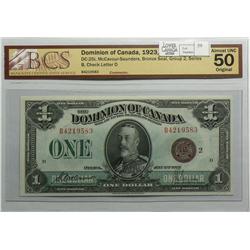 1923  One Dollar, DC-25i, BCS AU-50, McCavour Saunders, Bronze Seal, Group 2, Series B, Letter D, se