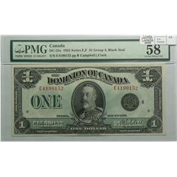 1923  One Dollar, DC-25o, PMG AU-58, Campbell Sellar, Black Seal, Group 4, Letter B, serial E4190152