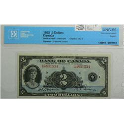 1935  Two Dollars English, BC-3, CCCS UNC-65, Osborne Towers, Letter A, serial A4831534.