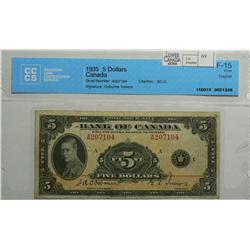 1935  Five Dollars English, BC-5, CCCS F-15, Osborne Towers, Letter A, serial A207104.