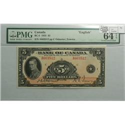 1935  Five Dollars English, BC-5, PMG UNC-64, Osborne Towers, Letter C, serial A663512.