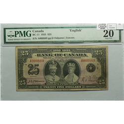 1935  Twenty-Five Dollars English, BC-11, PMG VF-20, Osborne Towers, Letter D, serial A000869.