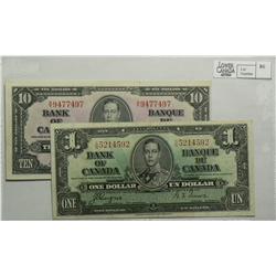 1937  One Dollar, BC-21d, VF, serial S/N5214592 & 1937  Ten Dollars, BC-24c, AU, serial A/T9477497