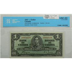 1937  One Dollar, BC-21d, CCCS UNC-60, Coyne Towers, serial N/N6954158.