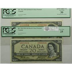 1954  Twenty Dollars Devil's Face, BC-33a, PCGS VF-30, serial A/E1188584 & BC-33b, PCGS VF-25, seria