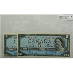 1954  Five Dollars Replacement Modified, BC-39bA, EF, Beattie Rasminsky, serial *V/S0070160 & *V/S02