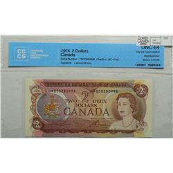 1974  Two Dollars Replacement, BC-47aA, CCCS UNC-64, Lawson Bouey, serial *BC0380998.