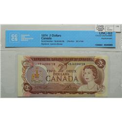 1974  Two Dollars Replacement, BC-47aA, CCCS UNC-63, Lawson Bouey, serial *BJ6308728.
