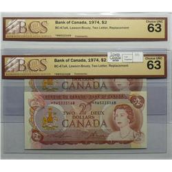 1974  Two Dollars Replacement, BC-47aA, BCS UNC-63, Lawson Bouey, serial *RW5323168 & *RW5323169. Lo