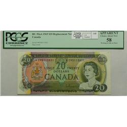 1969  Twenty Dollars  Replacement, BC-50aA, PCGS AU-58, Beattie Rasminsky, serial *EM3113831.
