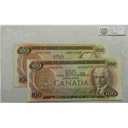 1975  One Hundred Dollars, BC-52a, 2 EF, Lawson Bouey, serial JA4335795 & JD5217249.